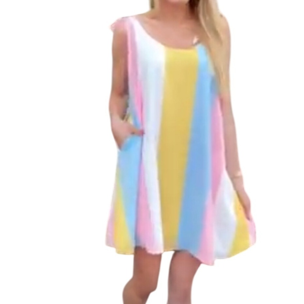 Jadelynn Brooke‎ Sleeveless Tie Strap Pastel Striped Dress Size L